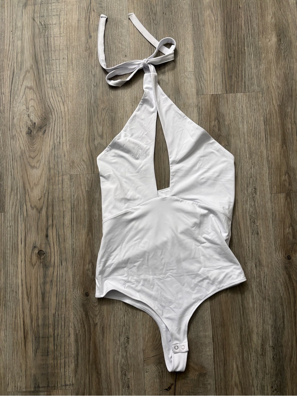 Women’s White Halter One-Piece Bodysuit with Front Keyhole